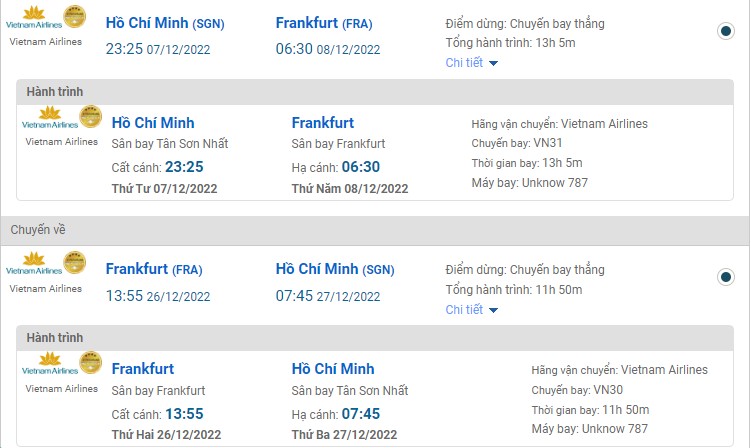 Giá vé máy bay đi Đức của Vietnam Airlines hành trình Sài Gòn đi Frankfurt